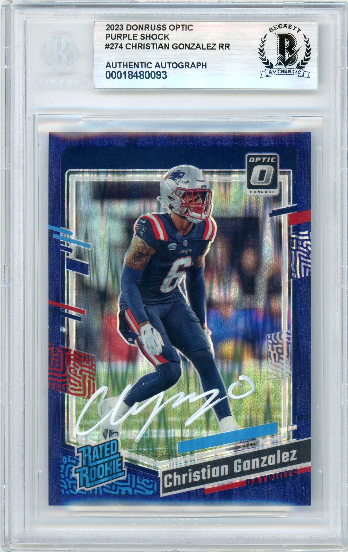 2023 Donruss Optic - Purple Shock #274 Christian Gonzalez RC New England Patriots BGS Autograph