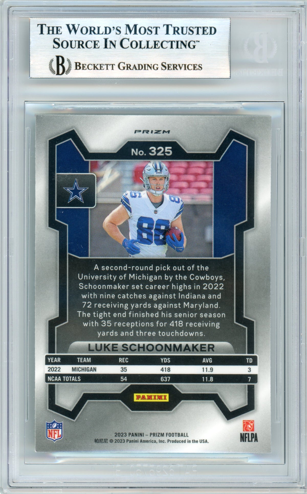 2023 Prizm - Green Prizm #325 Luke Schoonmaker RC Dallas Cowboys BGS Autograph