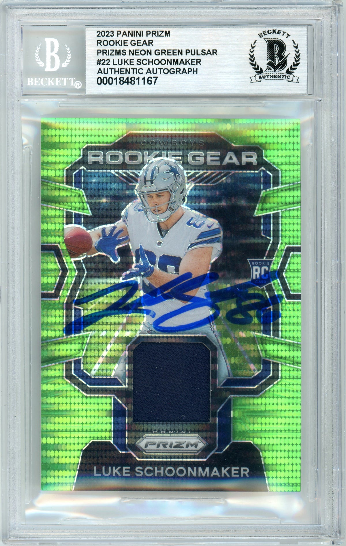 2023 Prizm - Rookie Gear Neon Green Pulsar #RG-LS Luke Schoonmaker RC Cowboys BGS Auto