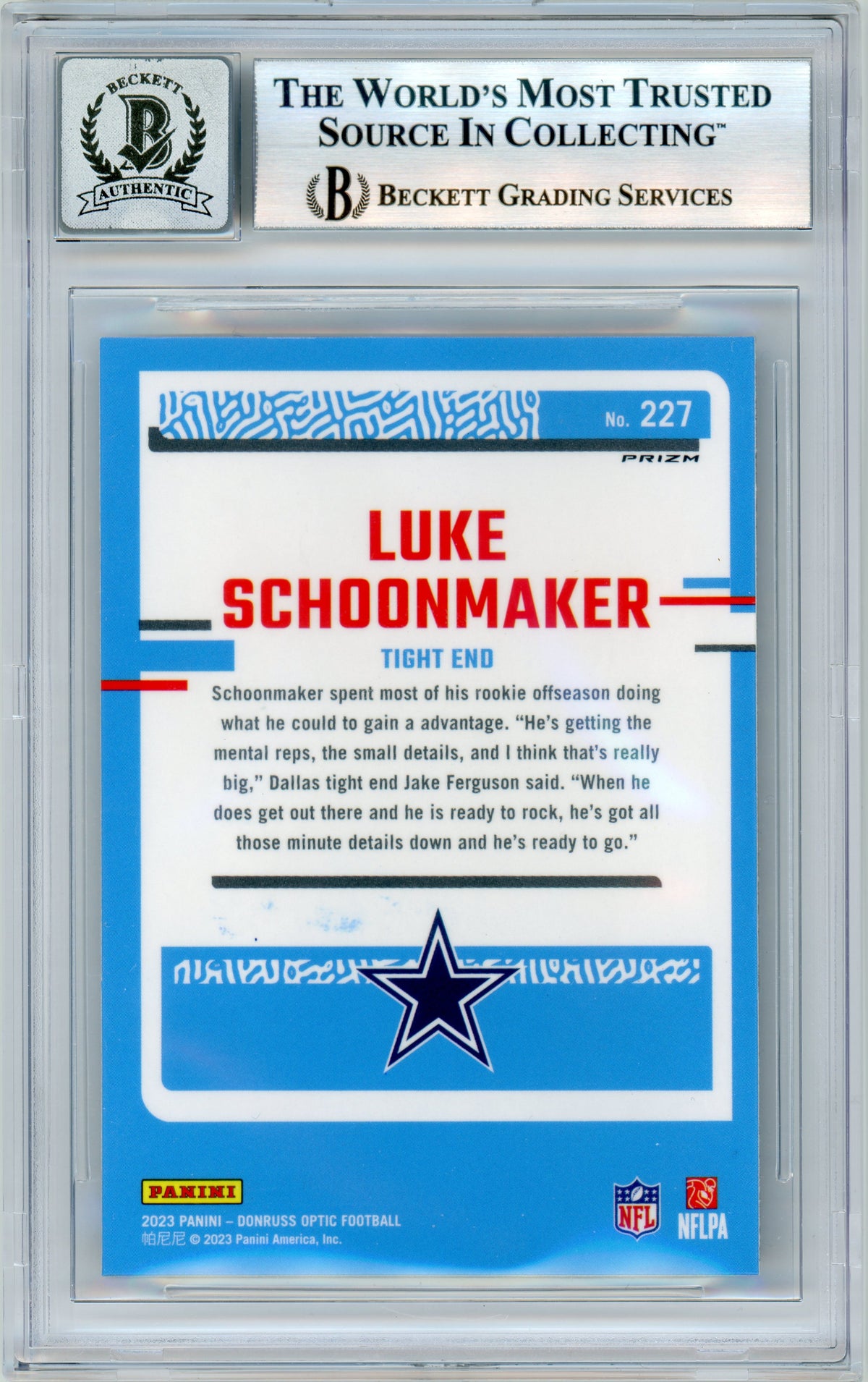 2023 Donruss Optic - Purple Shock #227 Luke Schoonmaker RC Dallas Cowboys BGS Auto 10