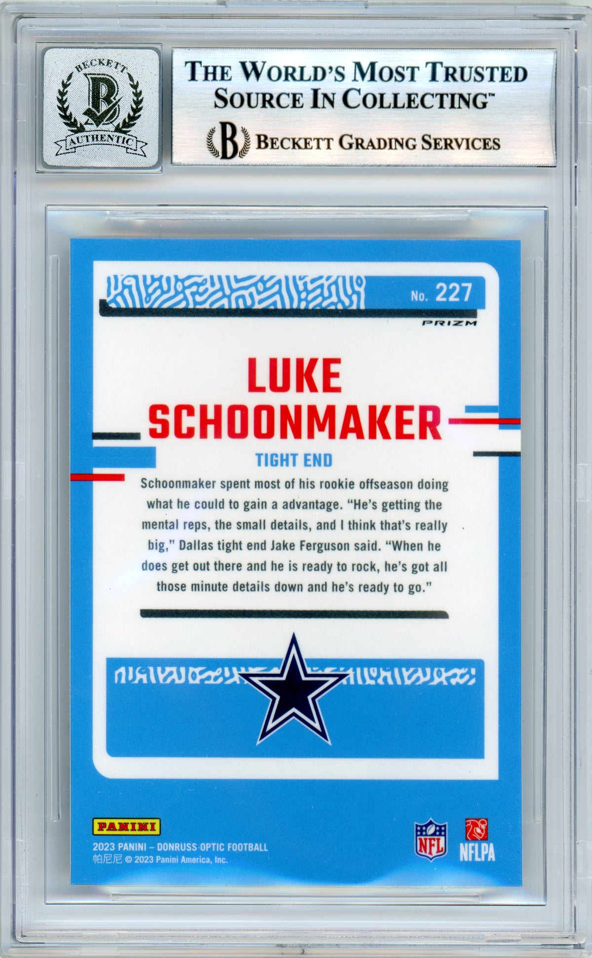 2023 Donruss Optic - Holo #227 Luke Schoonmaker RC Dallas Cowboys BGS Autograph 10