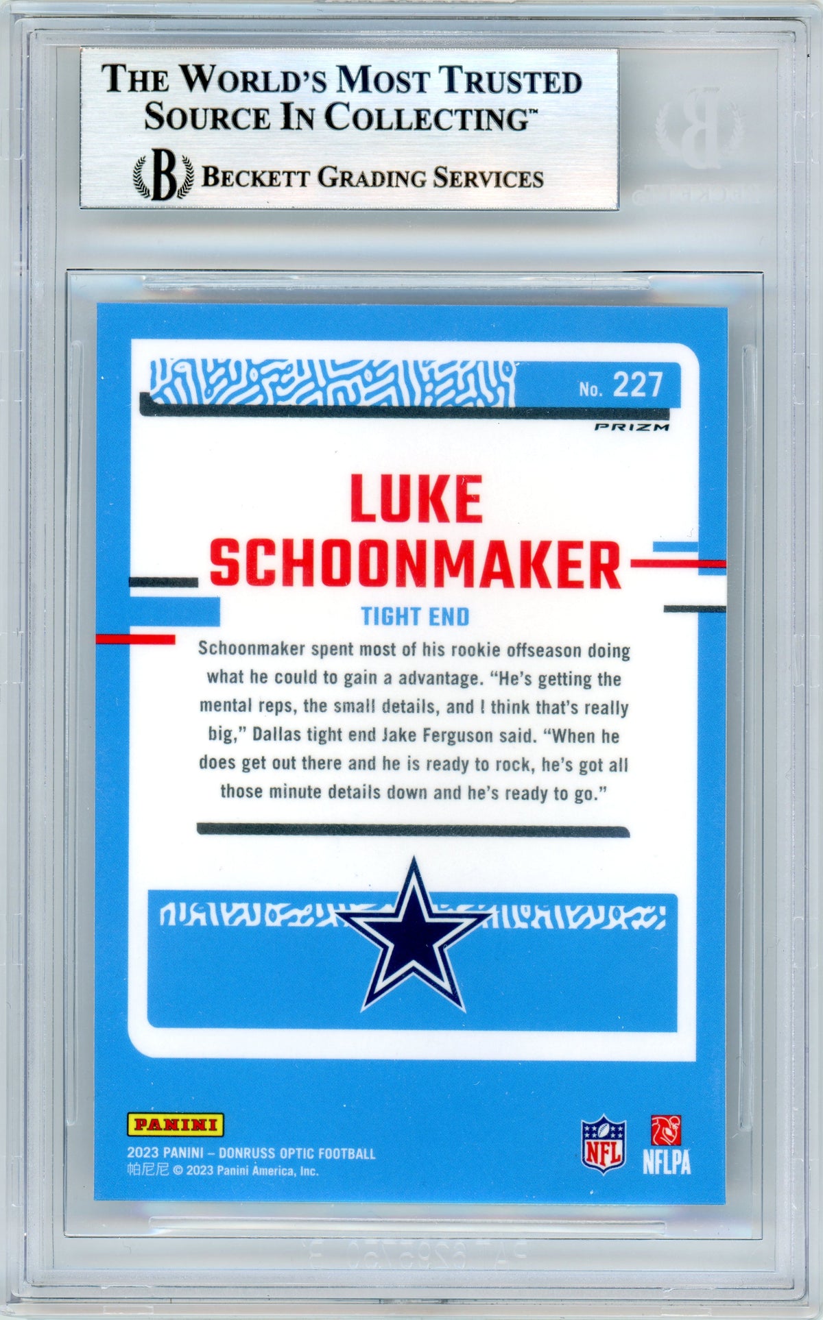 2023 Donruss Optic - Holo #227 Luke Schoonmaker RC Dallas Cowboys BGS Autograph