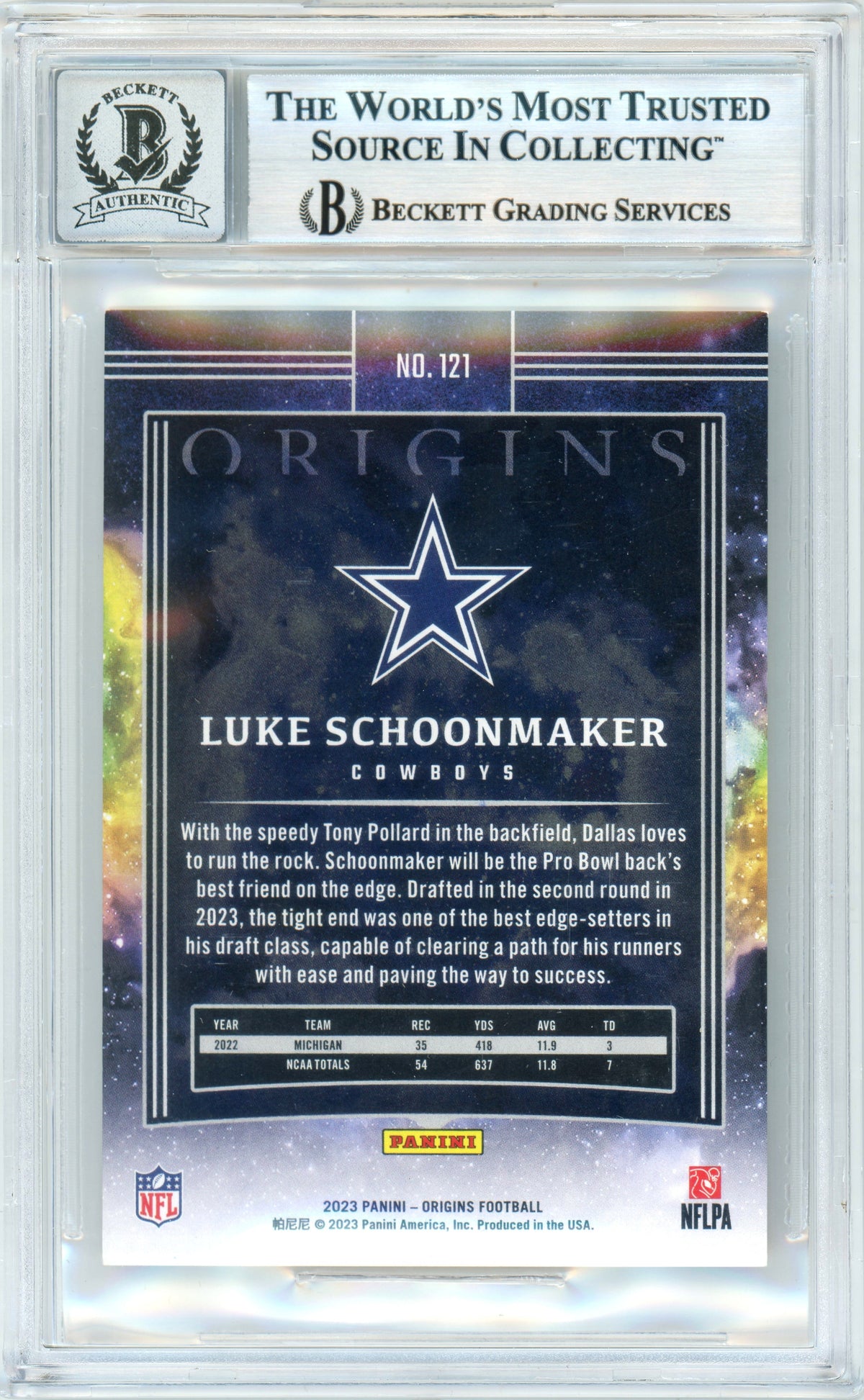 2023 Origins - Orange /149 #121 Luke Schoonmaker RC Dallas Cowboys BGS Autograph 10