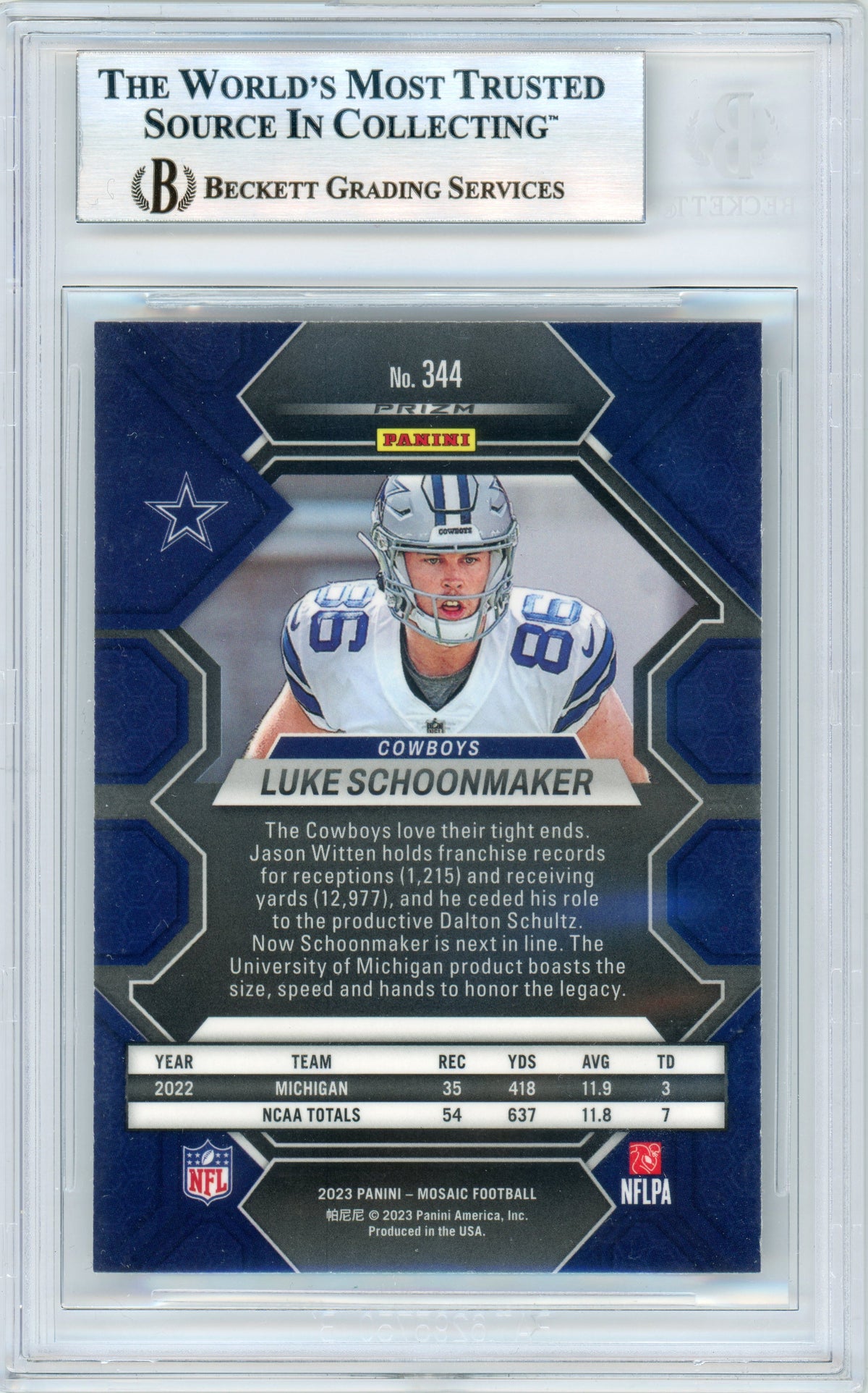 2023 Mosaic - Silver Mosaic #344 Luke Schoonmaker RC Dallas Cowboys BGS Autograph