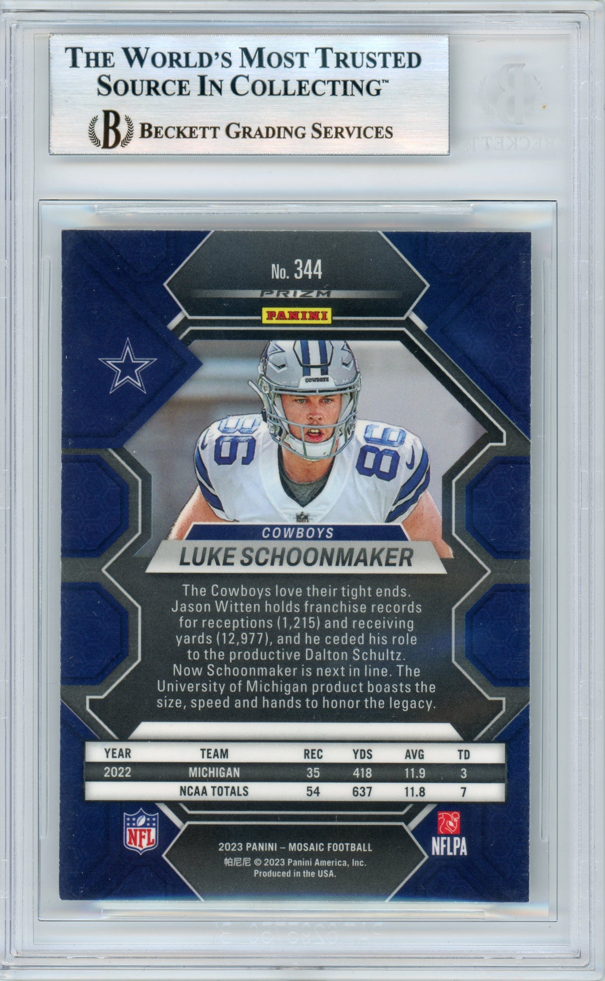 2023 Mosaic - Silver Mosaic #344 Luke Schoonmaker RC Dallas Cowboys BGS Autograph
