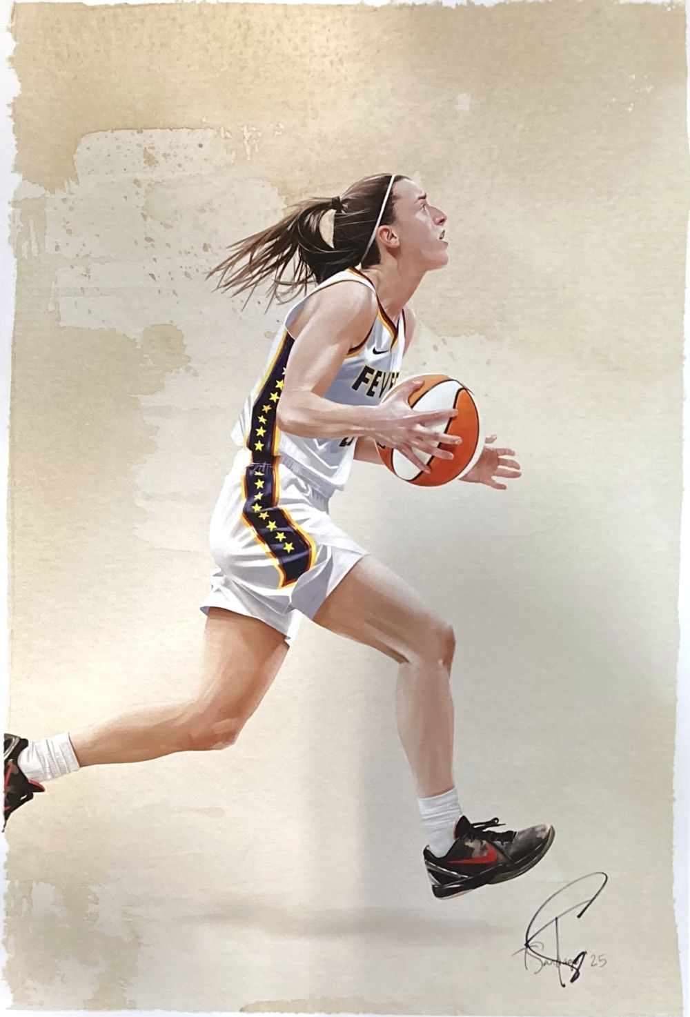 A female basketball player in a white Indiana Fever jersey appears mid-leap with a basketball on the Caitlin Clark 13x19 Indiana Fever Lithograph, signed by Tony Santiago and offered by Sports Integrity.