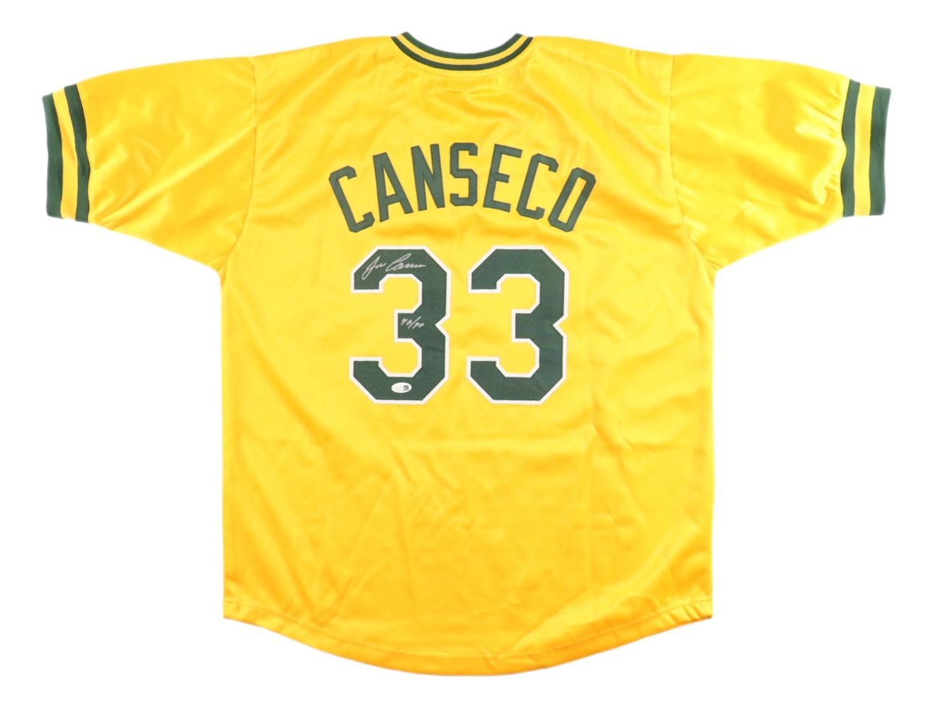 Jose Canseco Oakland Signed Yellow Baseball Jersey 40/40 Insc JSA QR Hologram
