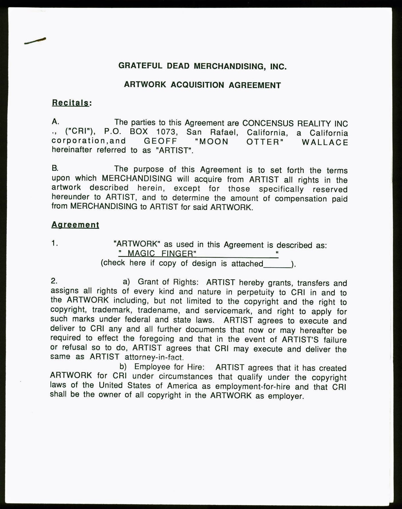 Jerry Garcia Signed 3 Page Grateful Dead Merchandising Agreement PSA #AA01915