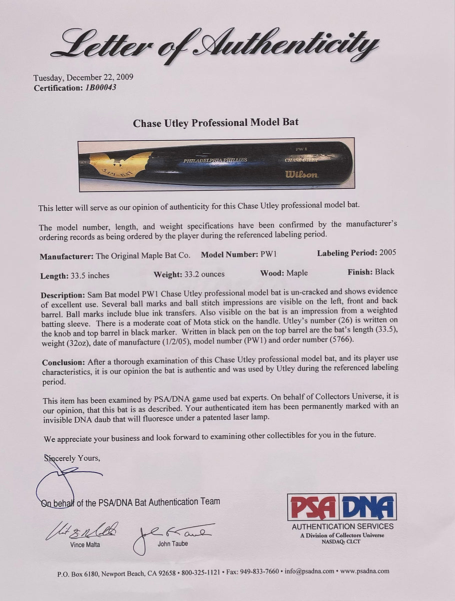 Chase Utley 2005 Season Philadelphia Phillies Game Used Sam Bat Baseball Bat PSA Sports Integrity