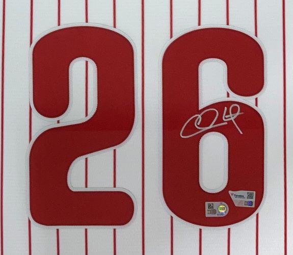 The Chase Utley Signed Framed Philadelphia Phillies Nike Limited Jersey by Sports Integrity features red vertical pinstripes, a large red number 26, Utley's autograph in white marker on the number 6, and two authentication stickers below.