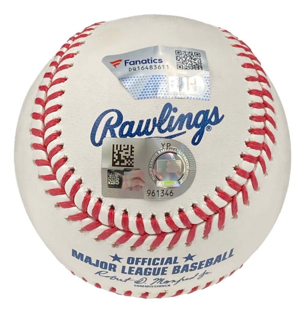 A Chase Utley Philadelphia Phillies signed official MLB baseball by Sports Integrity, featuring Fanatics and MLB authentication stickers and QR codes, includes a display case. The Rawlings logo and signature branding are visible.