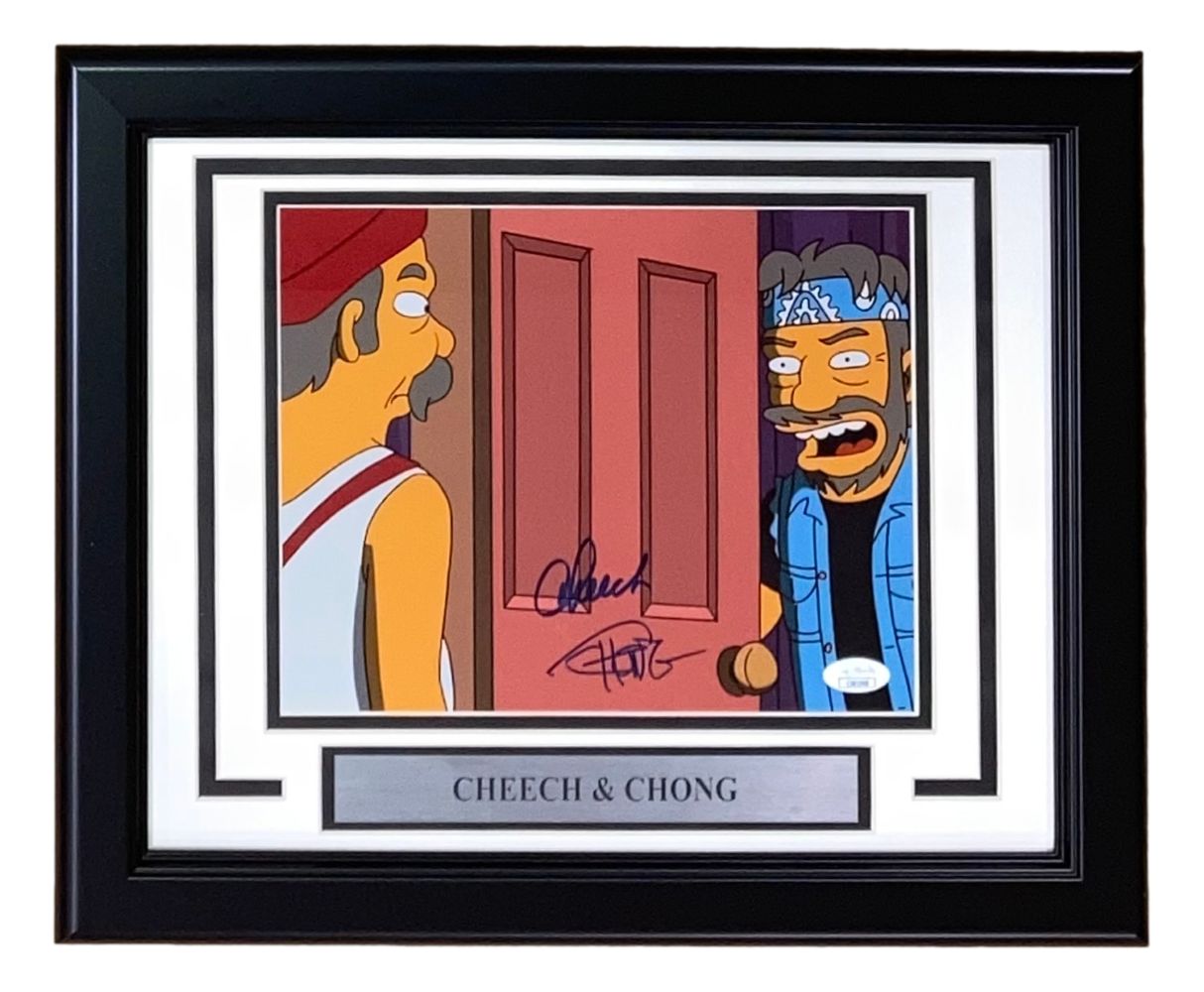 The Sports Integrity Cheech & Chong Signed Framed 8x10 The Simpsons Photo features both stars in character, autographed and displayed with a nameplate in a stylish frame. JSA certified for authenticity.