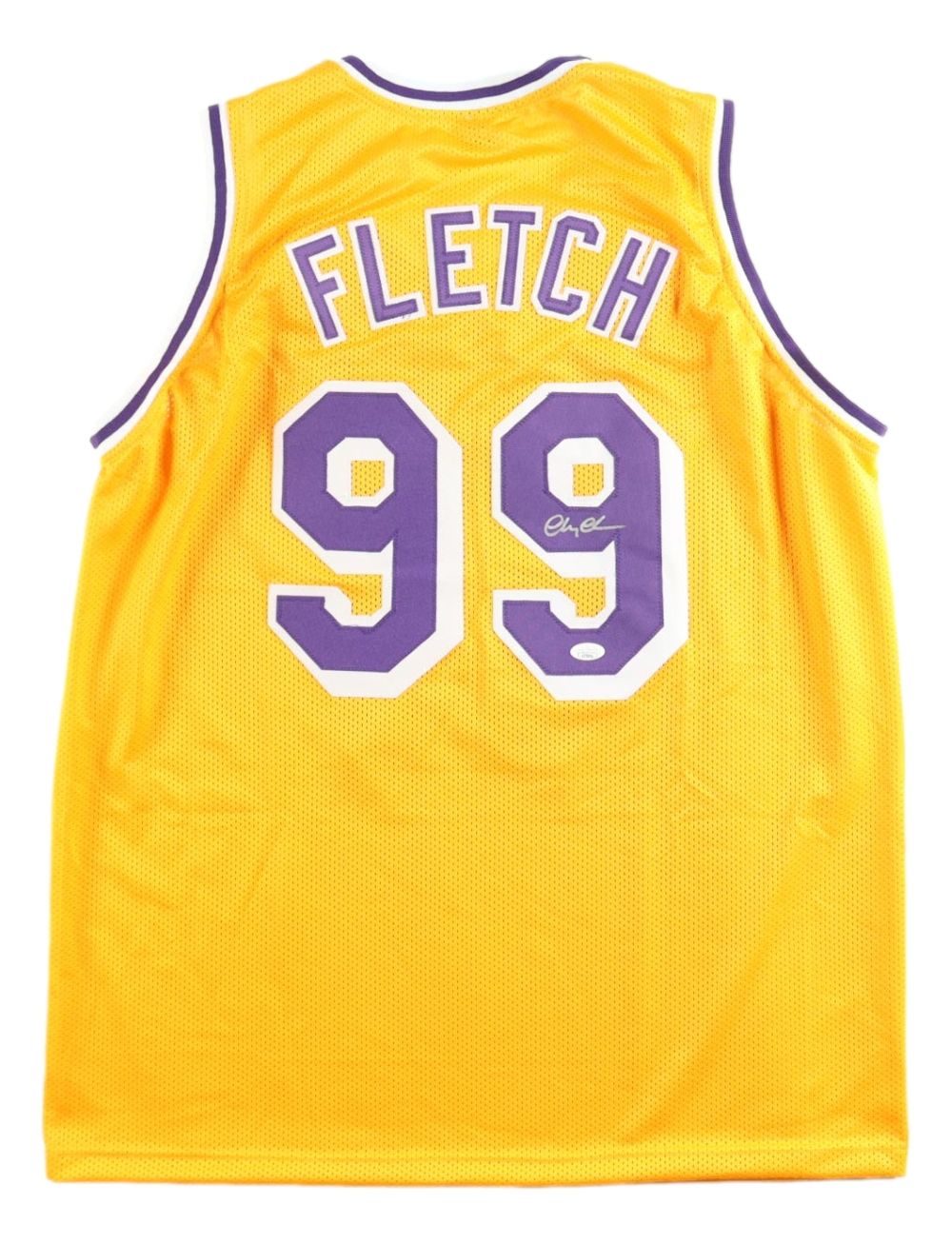 A Chevy Chase signed Los Angeles yellow Fletch basketball jersey by Sports Integrity, featuring purple and white trim with "FLETCH" and number 99 on the back; includes JSA hologram.