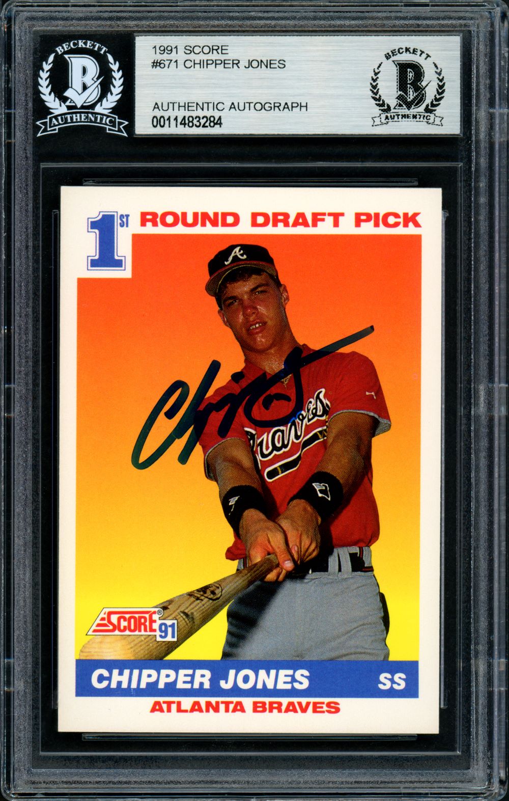 Chipper Jones Signed 1991 Score #671 Atlanta Braves Rookie Card by Sports Integrity, authenticated and slabbed by BAS.