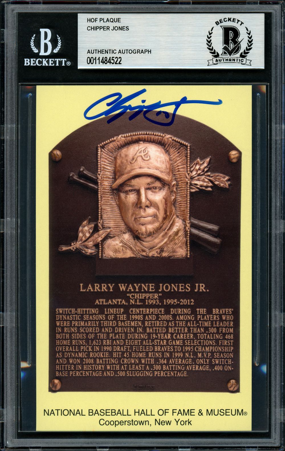 Chipper Jones Signed Atlanta Braves Hall Of Fame Plaque Postcard BAS