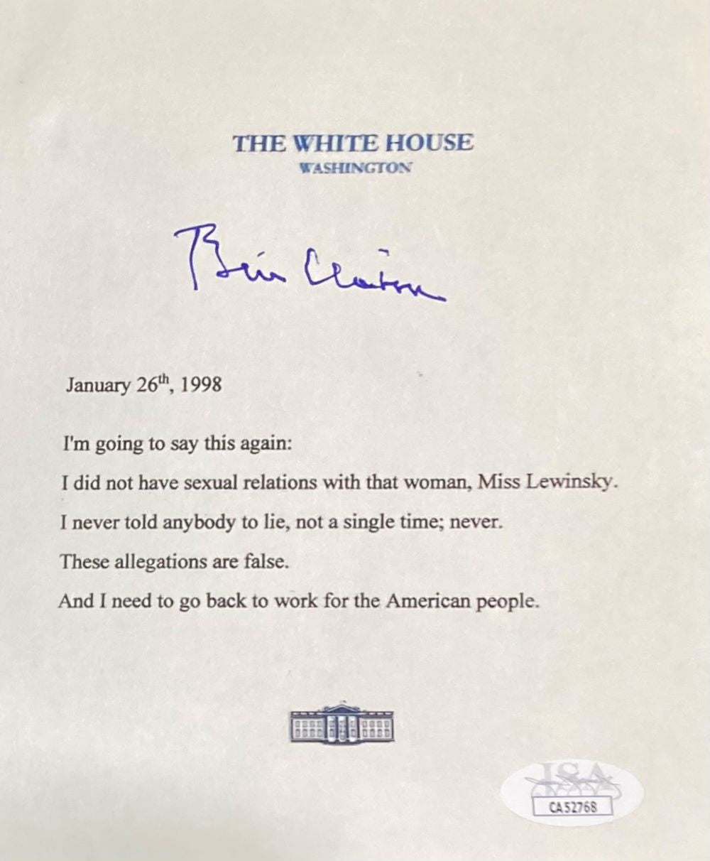 The Sports Integrity Bill Clinton Signed Mock White House Letter Monica Lewinsky 6x6 JSA features a statement dated Jan. 26, 1998 on White House letterhead, signed by Clinton, denying relations with Monica Lewinsky and affirming allegations are false.