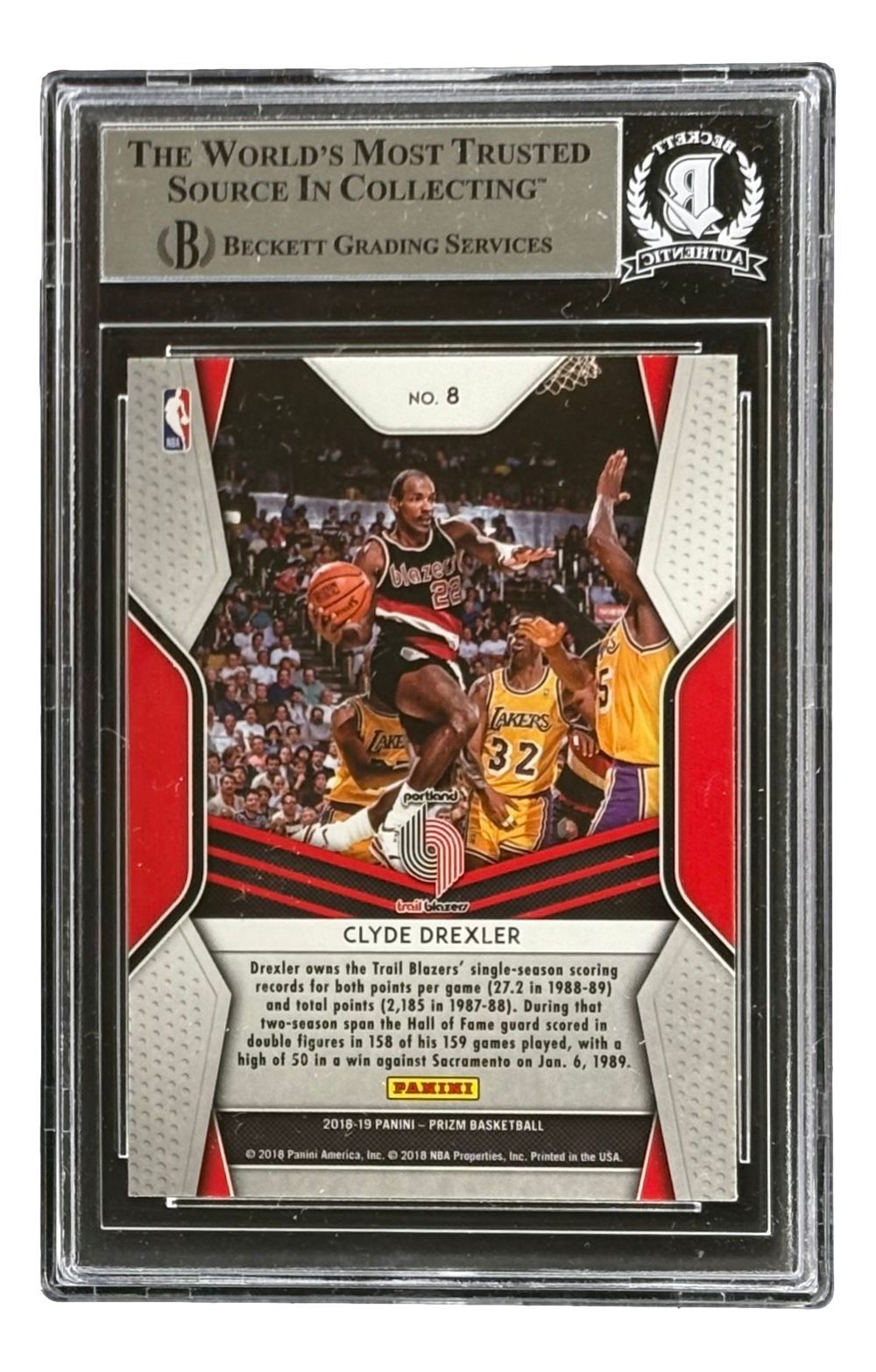 Clyde Drexler Signed 2018/19 Panini Prizm #8 Portland Trailblazers Trading Card BAS