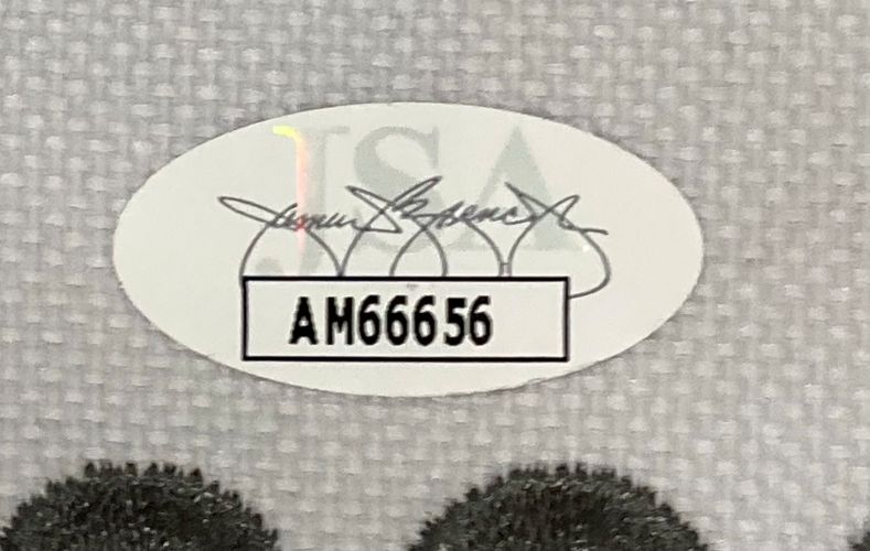 The Collin Morikawa Signed Framed 2023 PGA FedEx Cup Playoffs Golf Flag by Sports Integrity features an oval authentication sticker with a printed signature and code AM66656 on a textured gray background with faint USA letters.