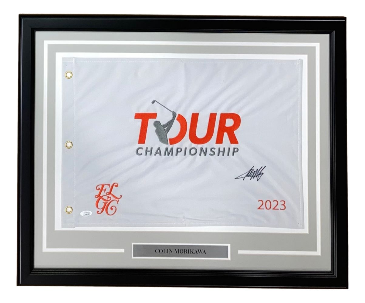 The Sports Integrity Collin Morikawa Signed Framed 2023 PGA Tour Championship Golf Flag features his autograph, a golfer silhouette, red and black text, and a nameplate with his name. Authenticated by JSA.