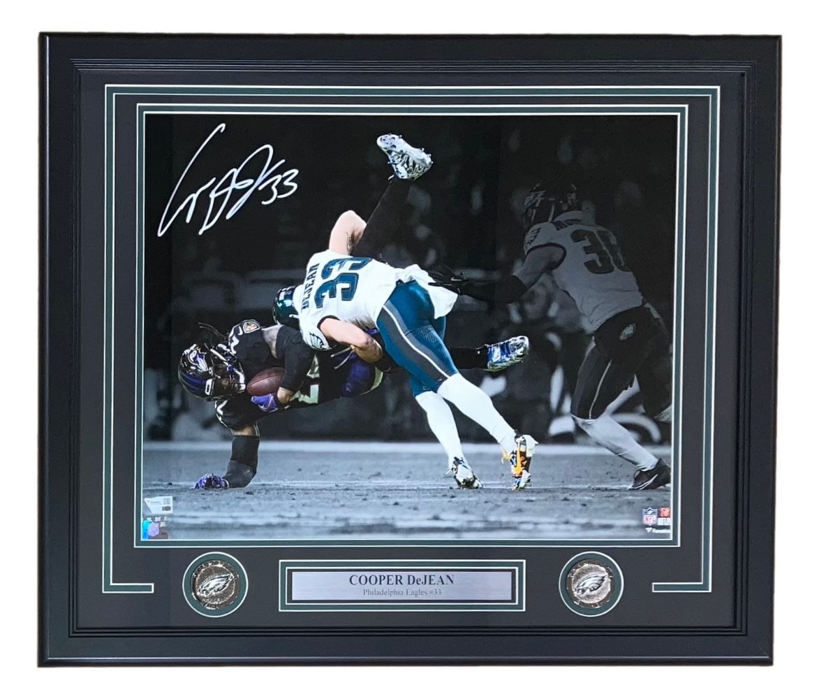 Sports Integrity’s Cooper DeJean Signed Framed 16x20 Photo features DeJean tackling Derrick Henry in an Eagles uniform. Autographed and authenticated by Fanatics.