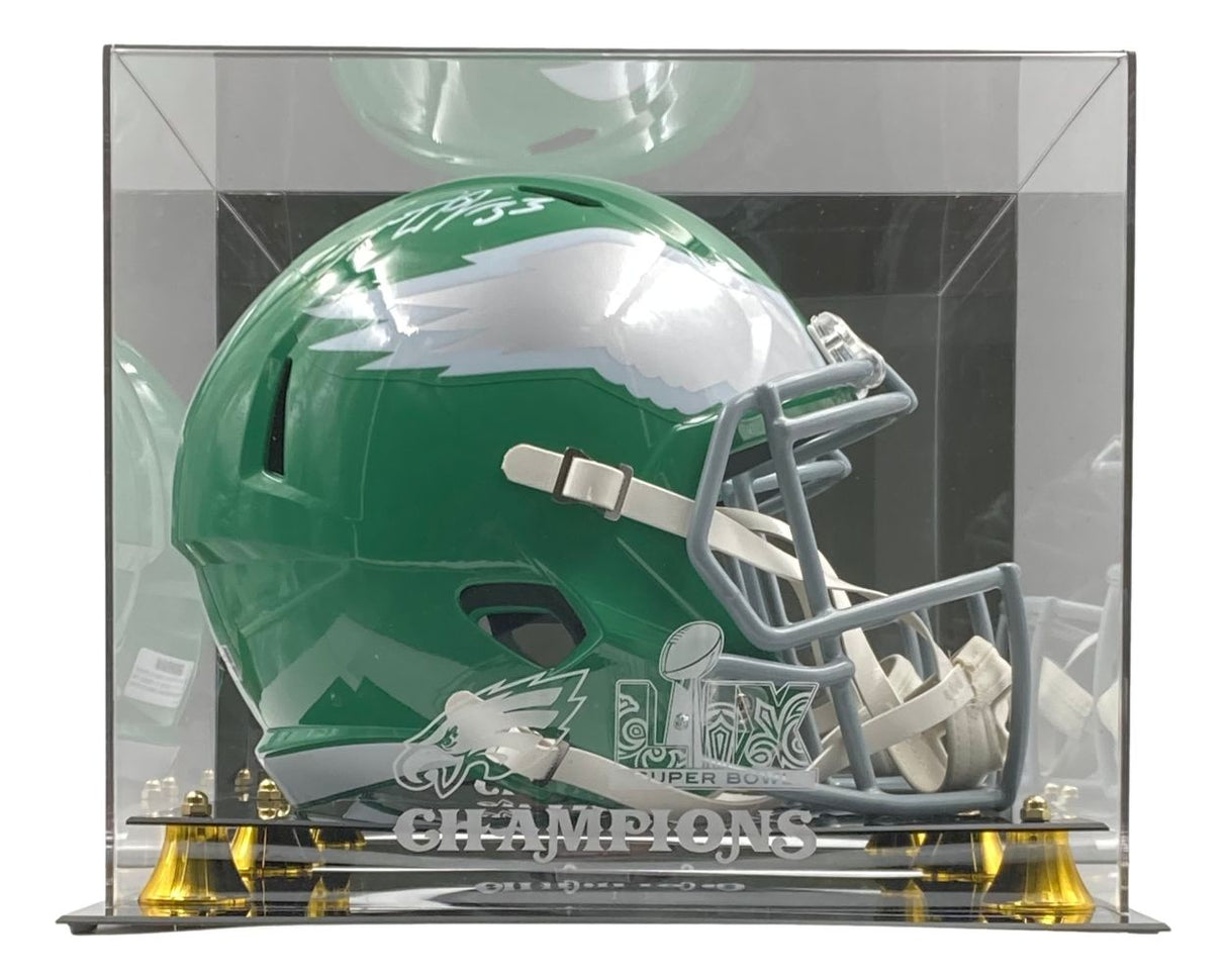 The Sports Integrity Cooper DeJean Signed Eagles FS Kelly Green Replica Helmet comes in a Super Bowl 59 LIX display case, celebrating the team's achievement.