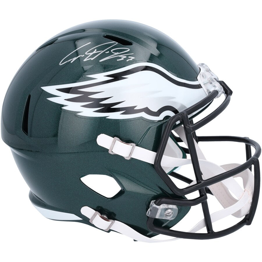 The Cooper DeJean Signed Philadelphia Eagles Full Size Replica Speed Helmet by Sports Integrity features a dark green design with the team's white and silver eagle wing logo and a white autograph on top.