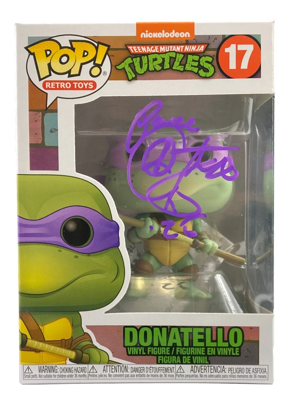 A Sports Integrity Corey Feldman signed Teenage Mutant Ninja Turtles Funko Pop! #17 "Peace" (BAS), featuring Donatello in box with autograph on the clear front and cartoon Donatello artwork.
