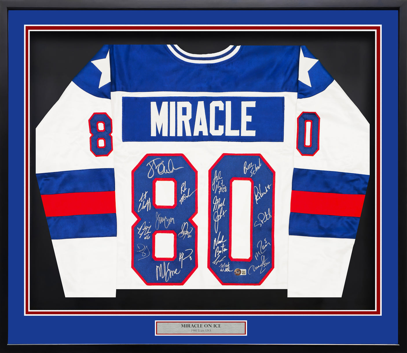 1980 USA Olympics Hockey Miracle On Ice Team Autographed Framed White Jersey With 19 Signatures Beckett BAS Witness Stock #230589
