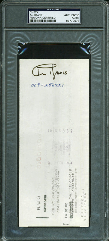 Raiders Al Davis Signed 3.5x8.35 Pro Football Hall Of Fame Check PSA/DNA Slabbed