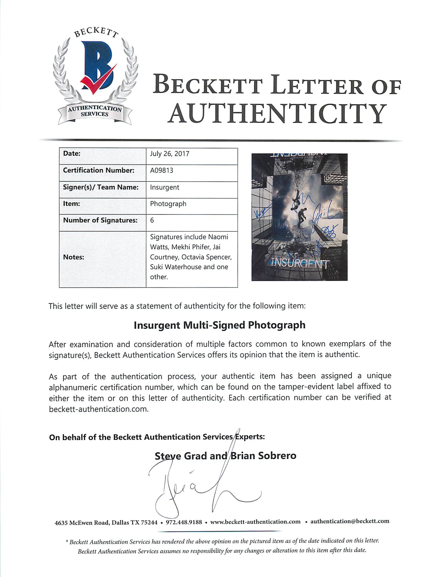 Divergent (6) Watts, Phifer, Courtney, Spencer Signed 12x18 Photo BAS #A09813