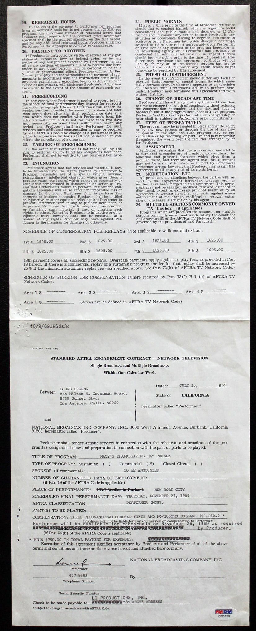 Lorne Greene Bonanza Signed Macy's Thanksgiving Day Parade Contract PSA #C68129