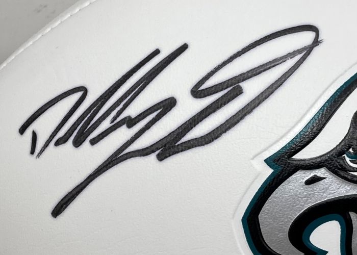 Dallas Goedert Signed Eagles Logo Football Fanatics w/ Super Bowl 59 Case