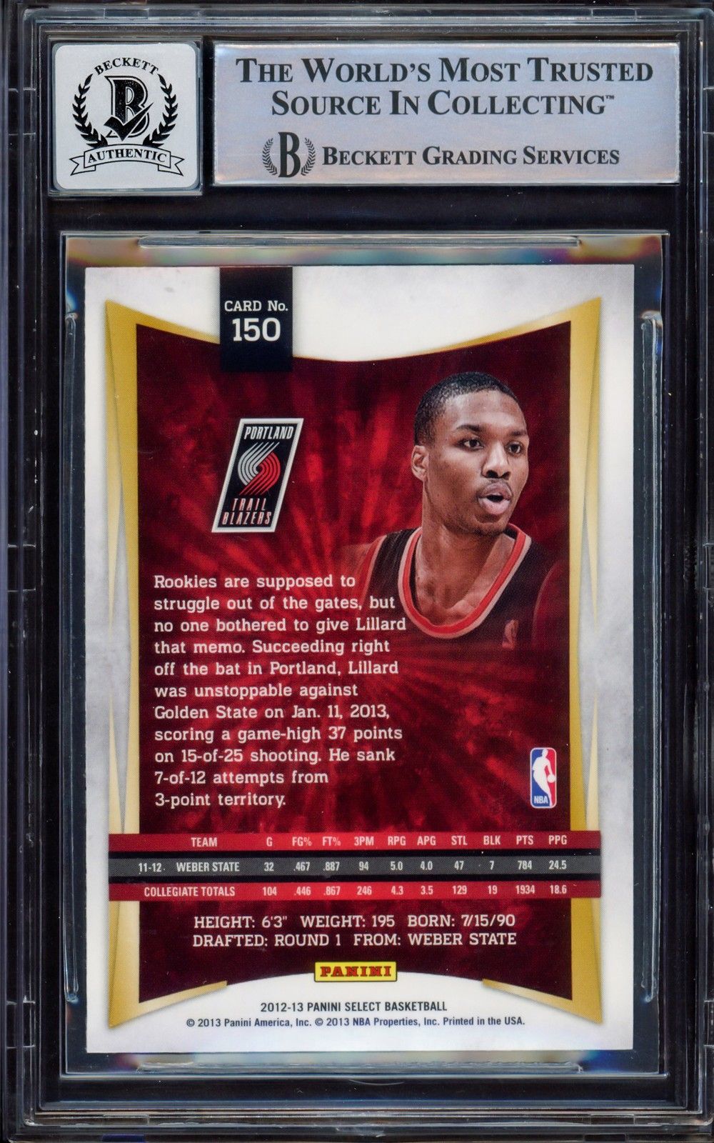 Damian Lillard Signed 2012/13 Panini Select #150 Blazers Rookie Card BAS Auto 10