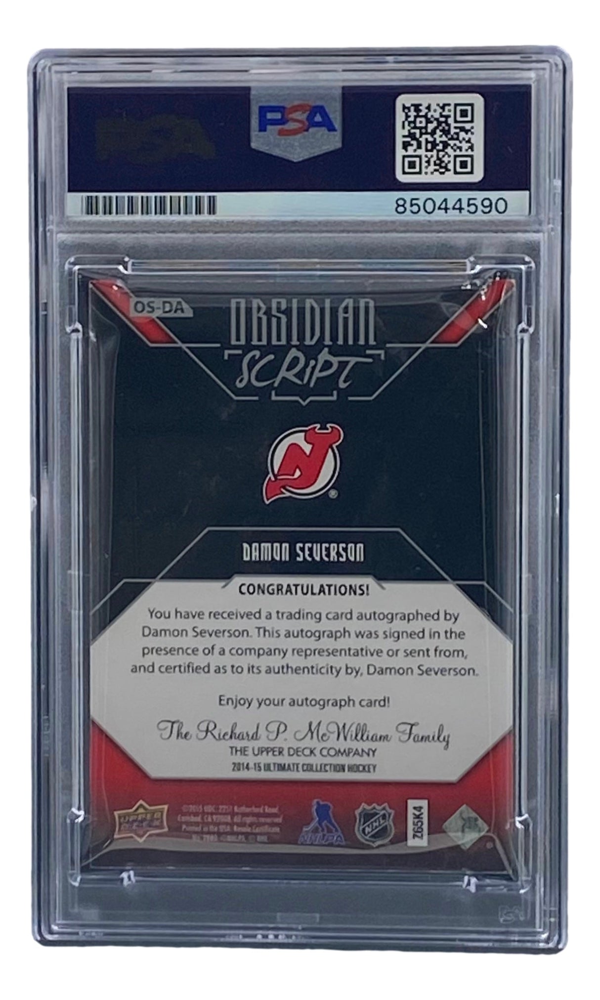 The Sports Integrity Damon Severson Signed 2015 Upper Deck #OS-DA Devils Hockey Card, PSA/DNA certified, features an Obsidian Script congratulation message and displays the New Jersey Devils logo at the top center.