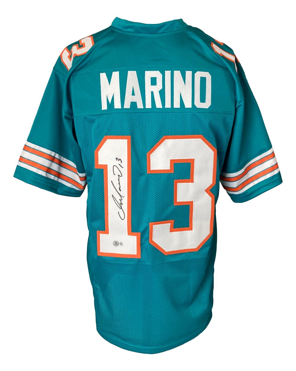 The Sports Integrity Dan Marino Miami Signed Teal Football Jersey BAS ITP features MARINO and number 13 on the back, with an autograph on the number 1.