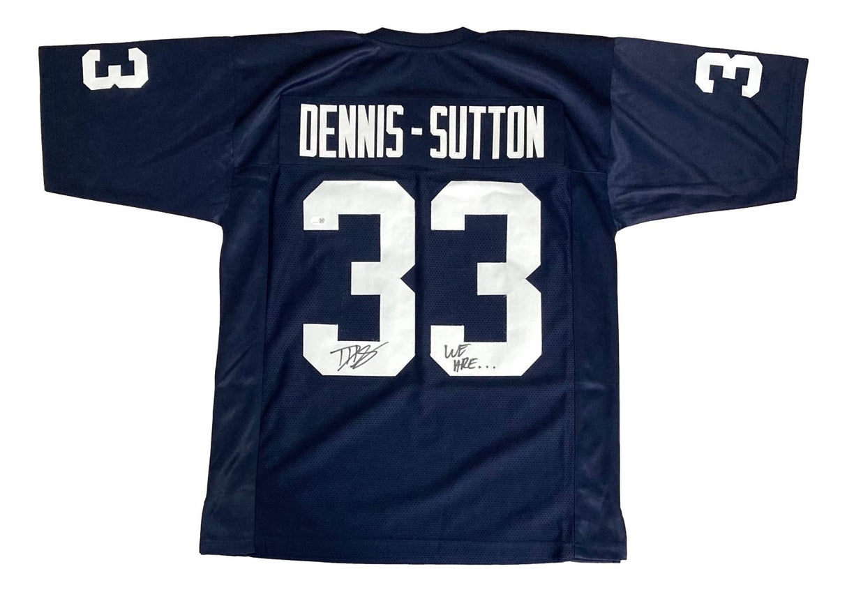 Show your Penn State pride with this Dani Dennis-Sutton autographed navy blue football jersey from Sports Integrity, featuring white letters and numbers, “DENNIS – SUTTON” above number 33, and "We Are..." inscription. JSA QR Holo included.