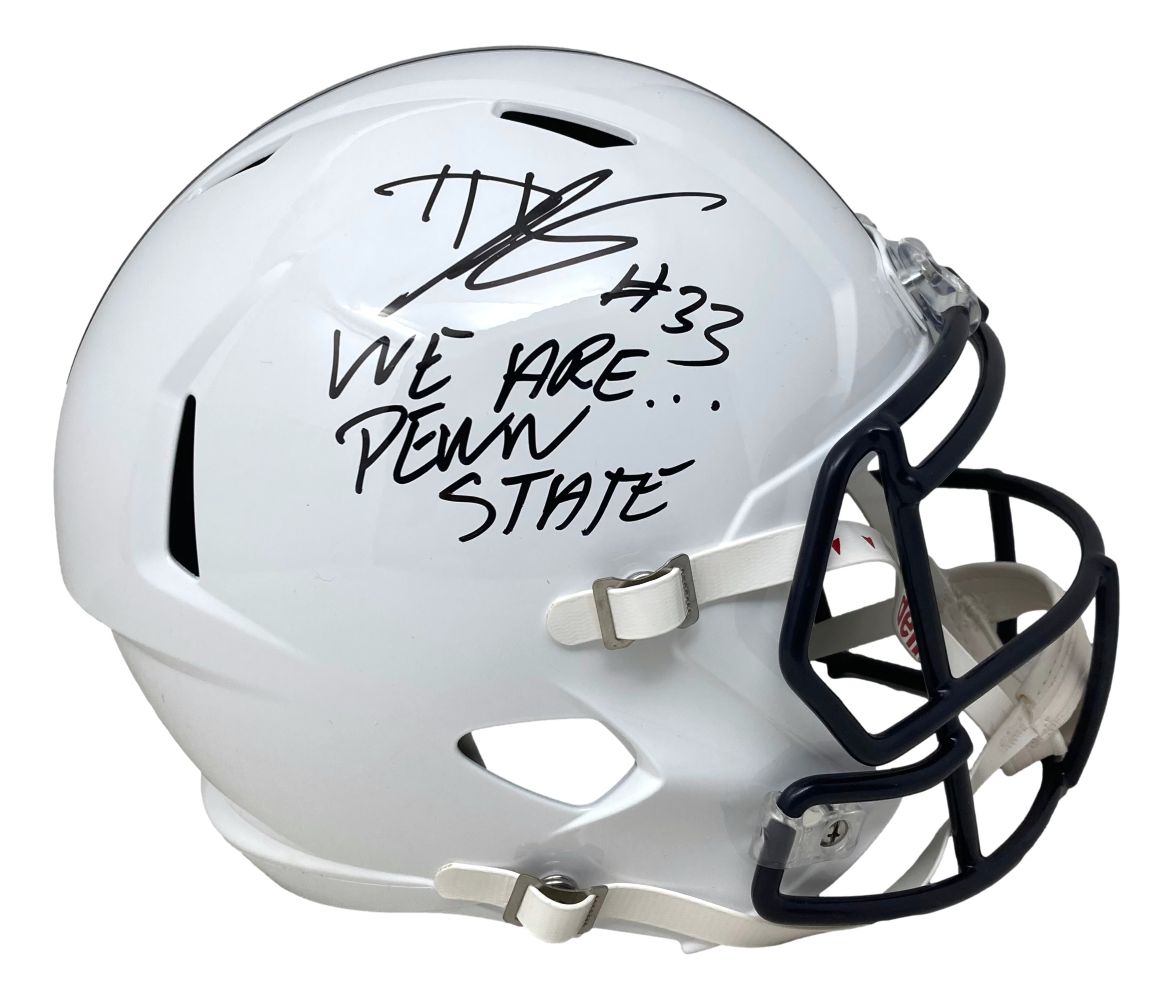 Sports Integrity Dani Dennis-Sutton signed Penn State full-size speed replica helmet, featuring “WE ARE... PENN STATE,” #33, and signature in black marker. Authenticated by JSA.