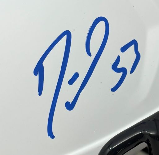 A blue marker autograph reading "7-9 53" appears on a white Darius Leonard Signed Colts FS Lunar Eclipse Replica Speed Helmet by Sports Integrity (Fanatics); part of the black helmet is visible in the lower right corner.