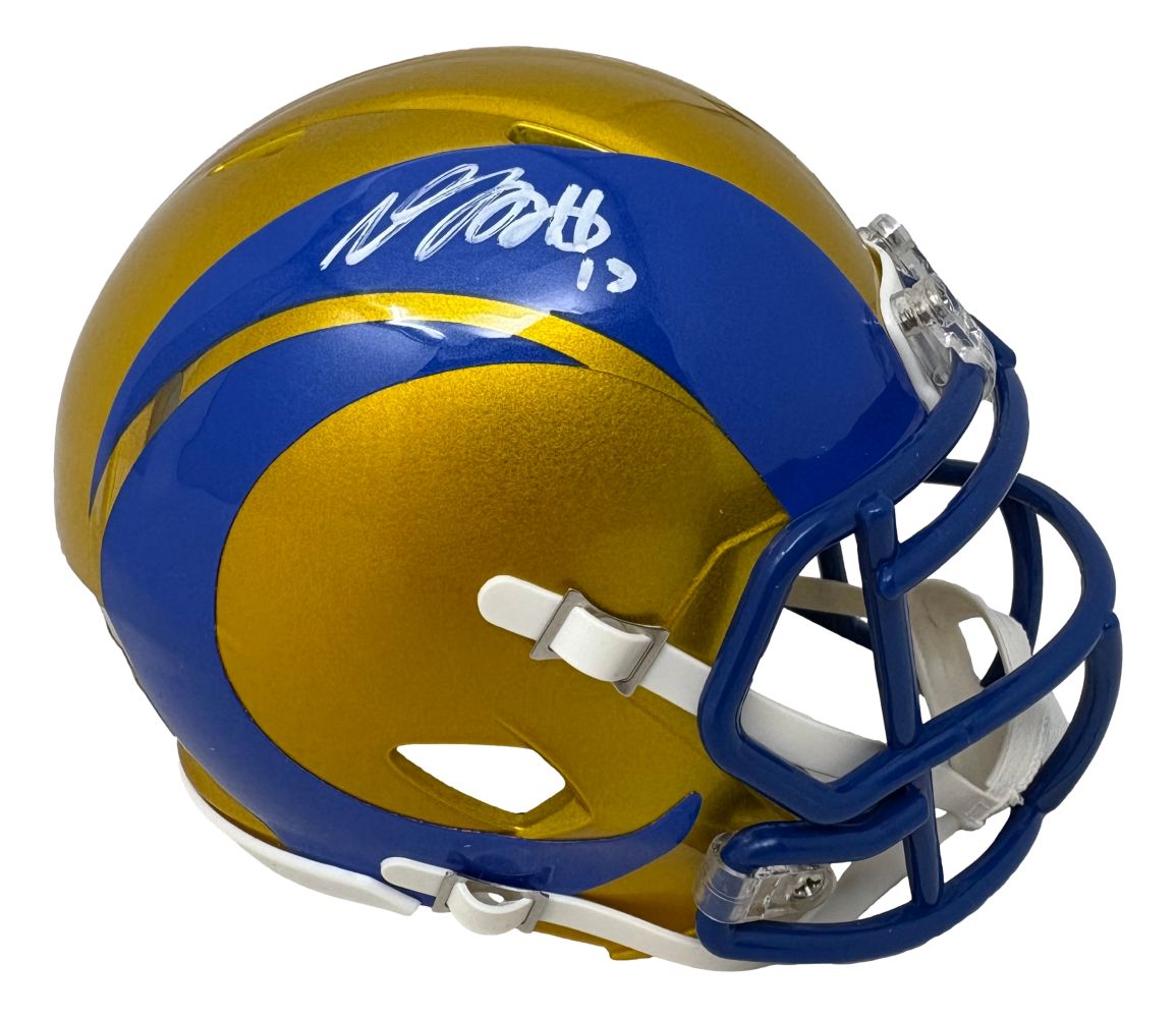 The Sports Integrity Davante Adams Signed Los Angeles Rams Flash Mini Speed Helmet features a gold and blue ram horn design with his autograph and number 13, authenticated by a JSA QR hologram.