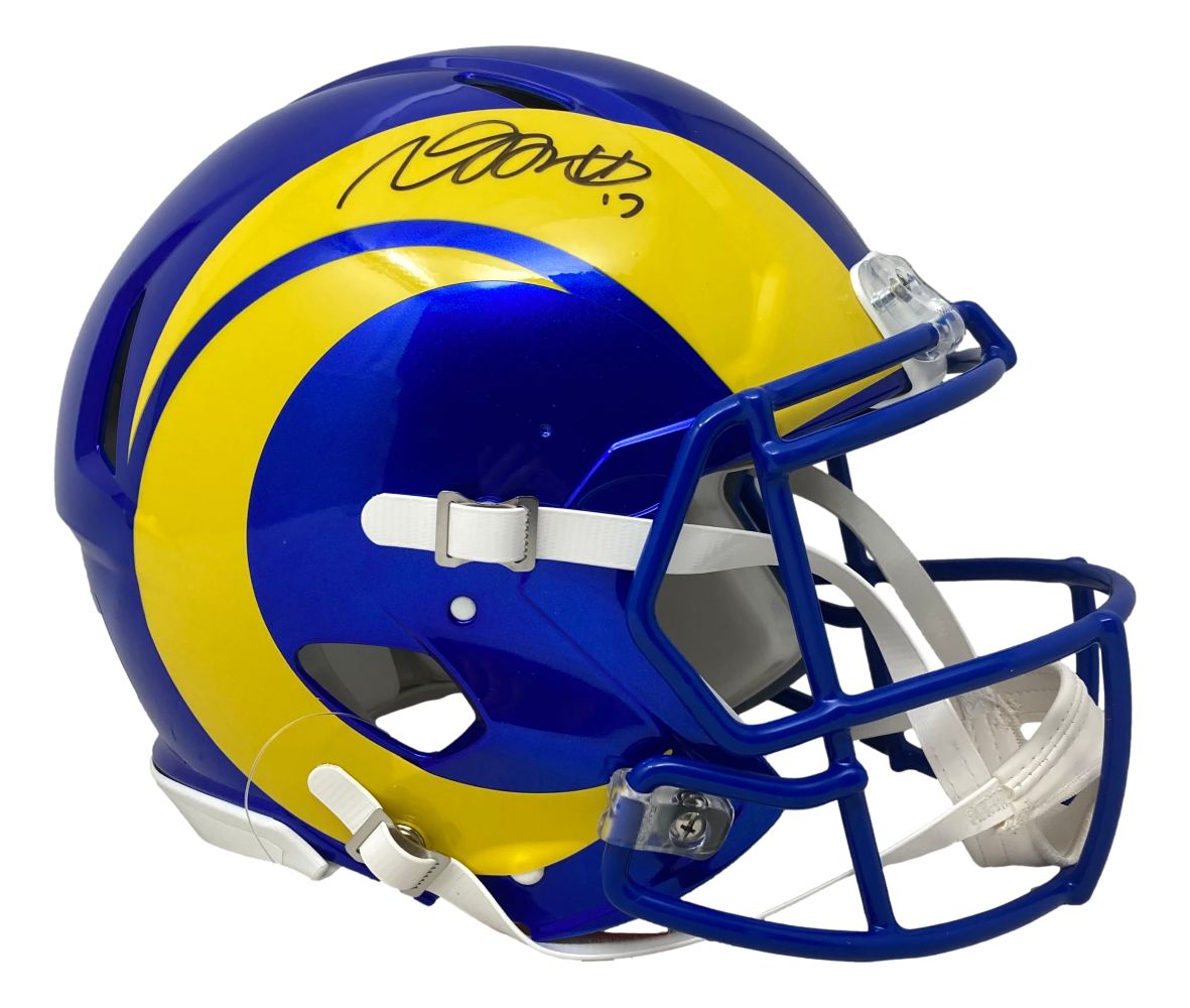 The Sports Integrity Davante Adams Signed Los Angeles Rams Full Size Authentic Speed Helmet BAS features a blue and yellow design with a large yellow horn, black autograph on top, and an attached white chin strap.