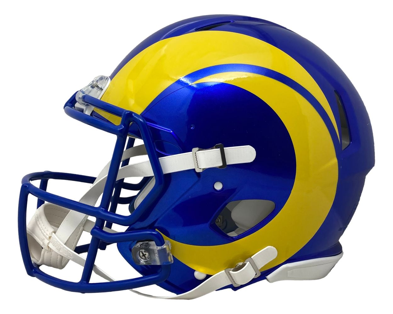 The Sports Integrity Davante Adams Signed Los Angeles Rams Full Size Authentic Speed Helmet BAS features a blue shell with yellow curved horn design, white chin strap, and faceguard.