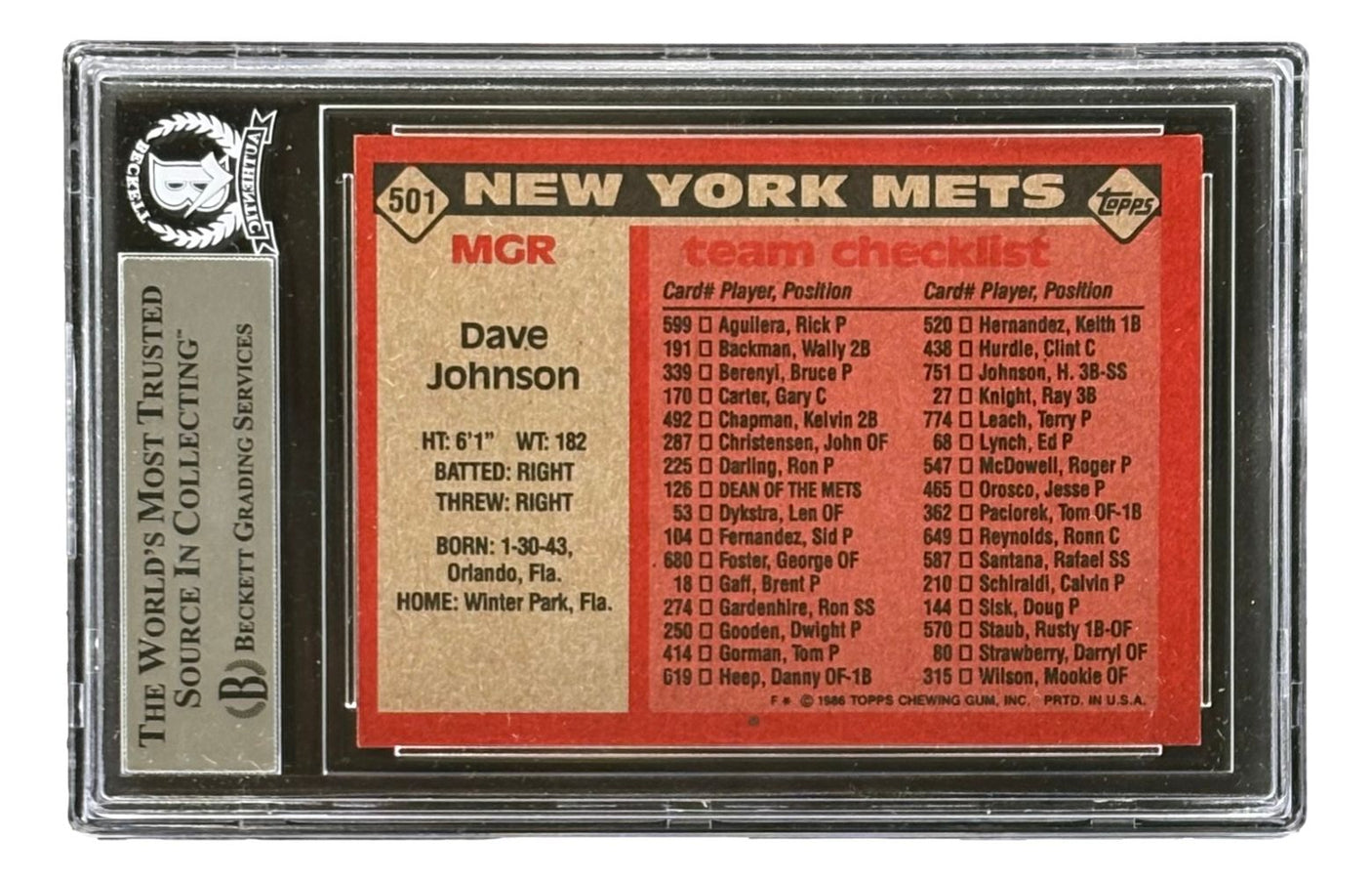 Davey Johnson Signed 1986 Topps #501 New York Mets Trading Card BAS