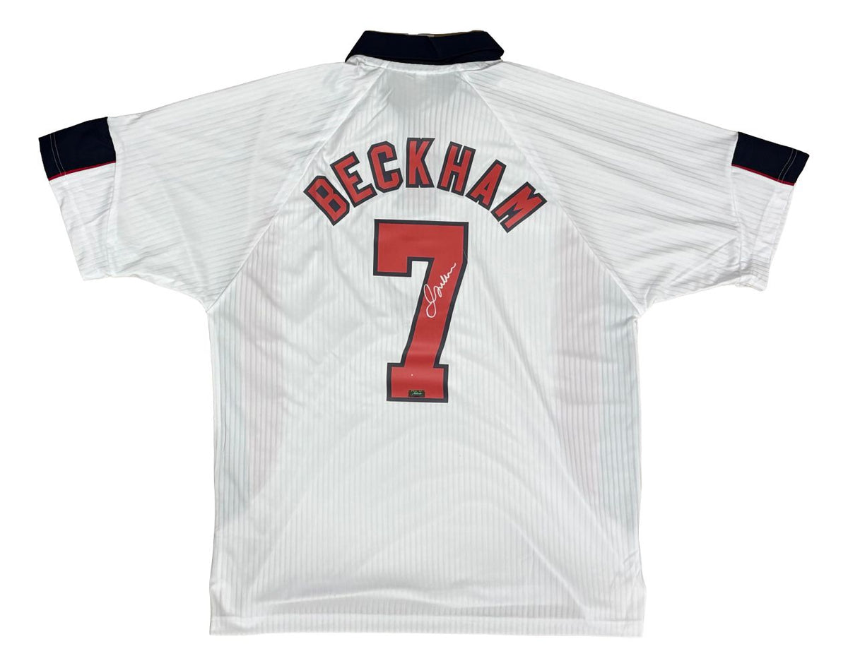 David Beckham Signed England White Score Draw Replica Jersey Panini