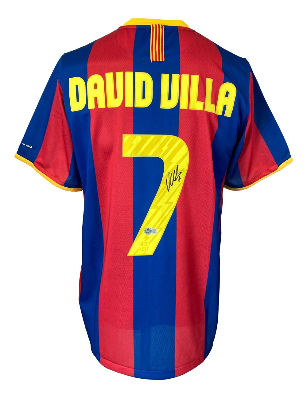 This Sports Integrity David Villa Signed Barcelona Nike Soccer Jersey features red and blue stripes, DAVID VILLA and a yellow number 7 on the back, which is autographed.