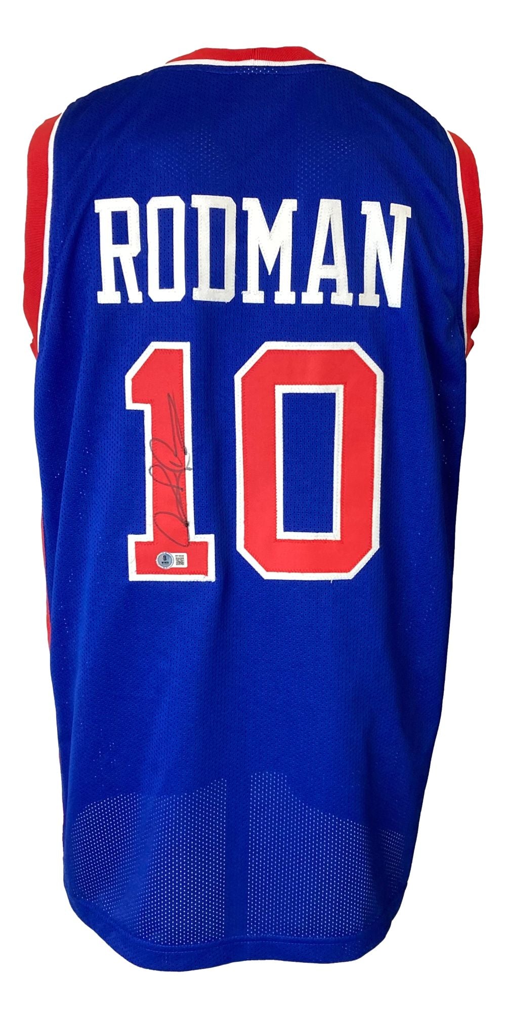 The Sports Integrity Dennis Rodman Detroit Signed Blue Basketball Jersey BAS features "RODMAN" and number 10 on the back, with red and white trim and an autographed number.