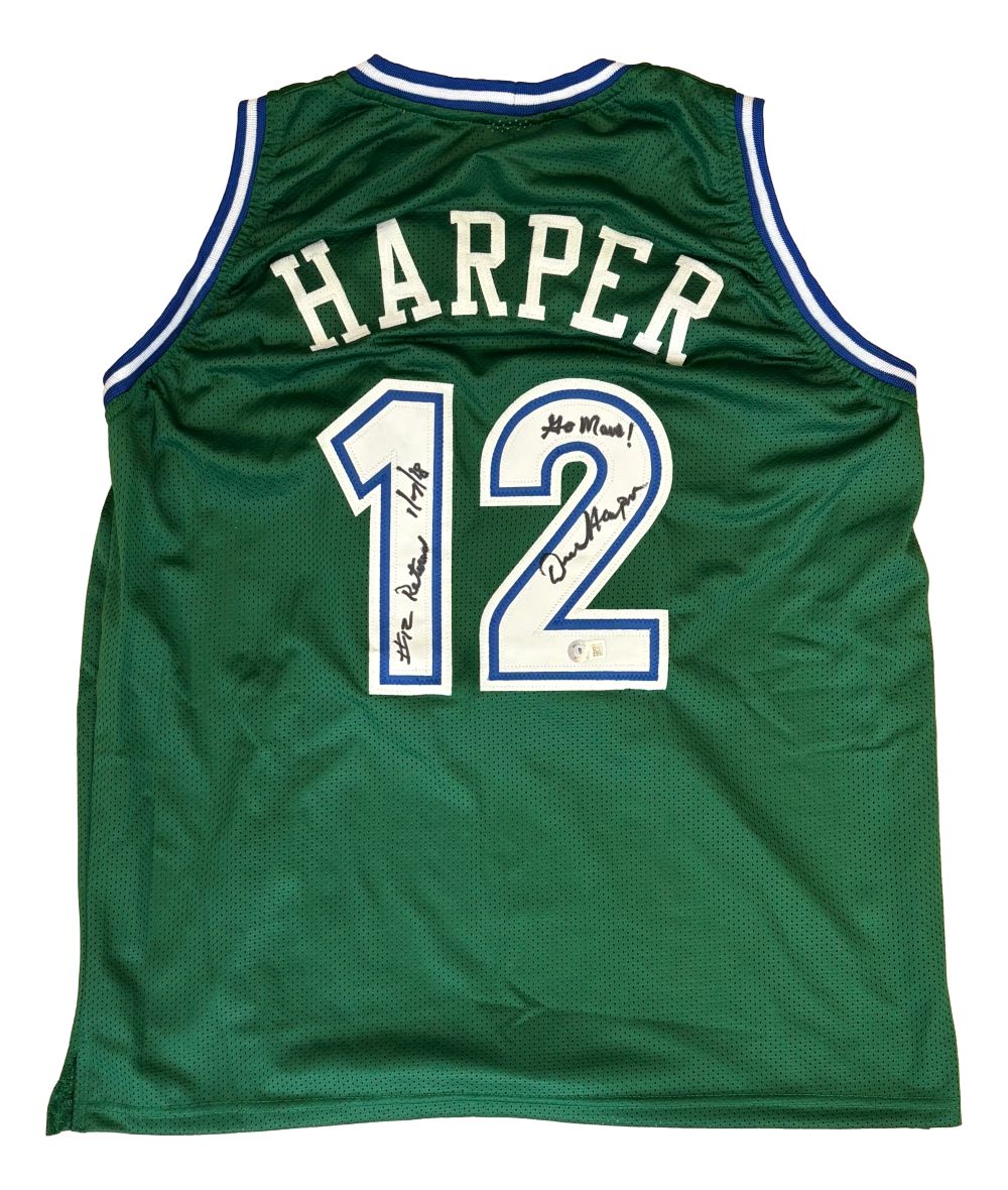 A green Derek Harper Dallas #12 basketball jersey by Sports Integrity, features blue/white trim, HARPER name, and black marker signature with inscriptions: "The Man!" and "The Real #12." BAS authenticated. Retired Go Mavs edition.