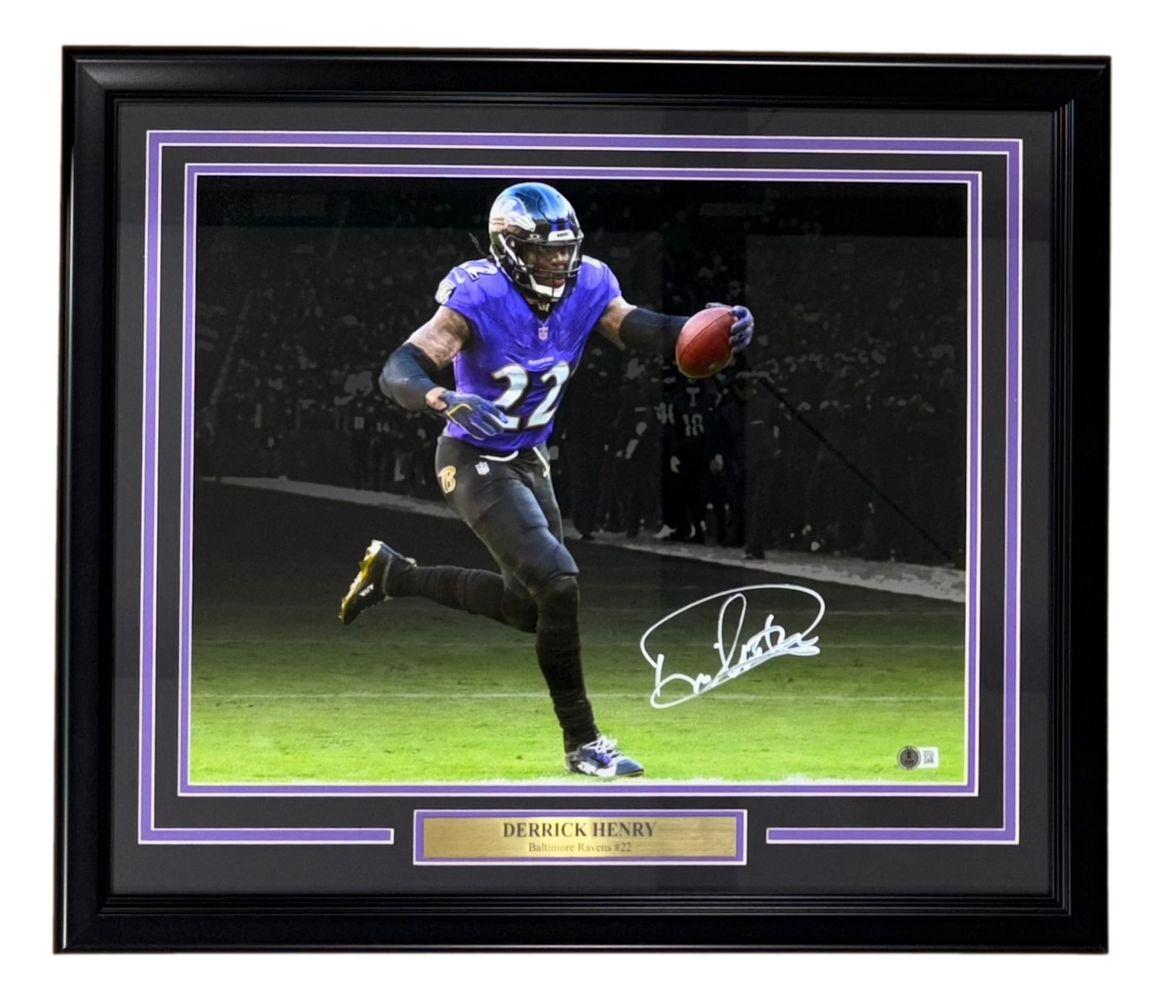 Derrick Henry Signed Framed 16x20 Baltimore Ravens Purple Jersey Photo BAS