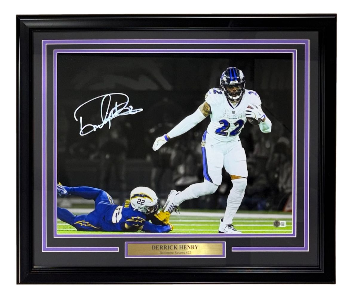 Derrick Henry Signed Framed 16x20 Baltimore Ravens White Jersey Photo BAS
