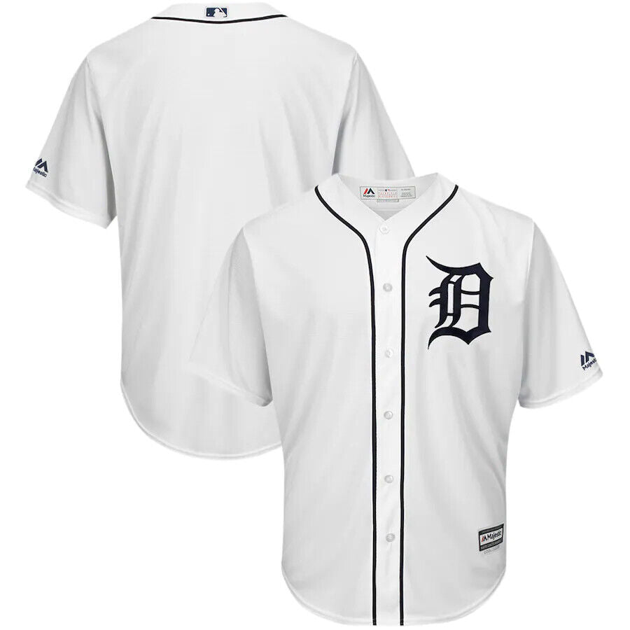 The Detroit Tigers Majestic Cool Base Baseball Jersey by Sports Integrity is white with a black Old English D logo on the chest, black trim along the buttons, and short sleeves, shown from both front and back.