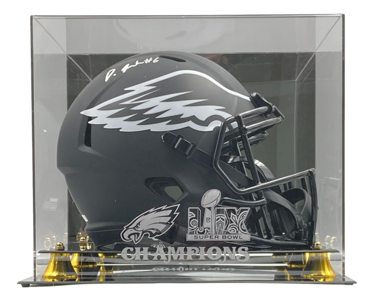 The Sports Integrity Devonta Smith Signed Eagles FS Eclipse Replica Helmet is displayed in a Super Bowl 59 LIX case featuring the team logo and CHAMPIONS on the front.